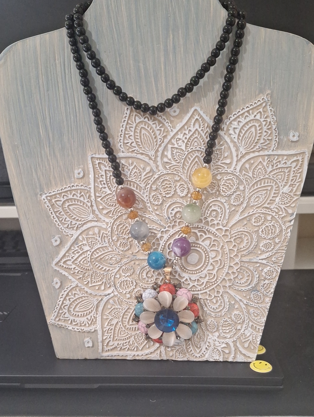 Handmade Multicolor Beaded Flower Pendant Necklace - Black Beads